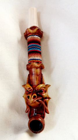 Peruvian 8" Dragon head with Cloth Wood with Bone Pipe